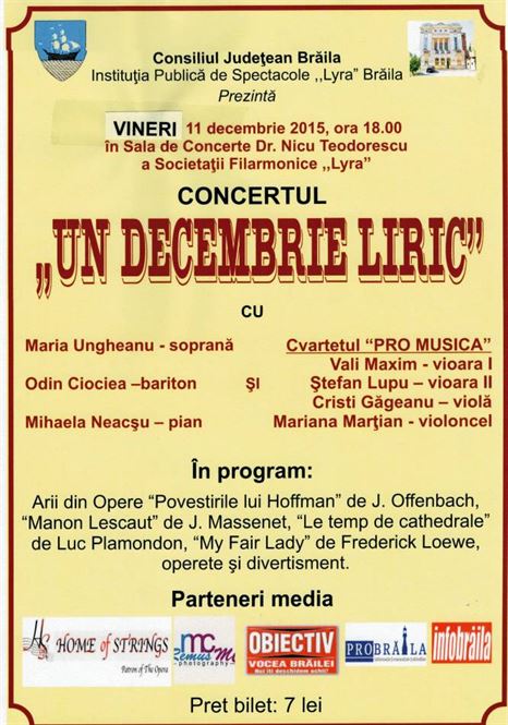Concert liric organizat de Filarmonica Lyra