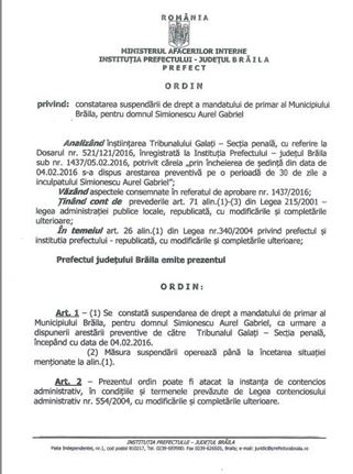 Ordinul prefectului de suspendare din functie a primarului Aurel Simionescu