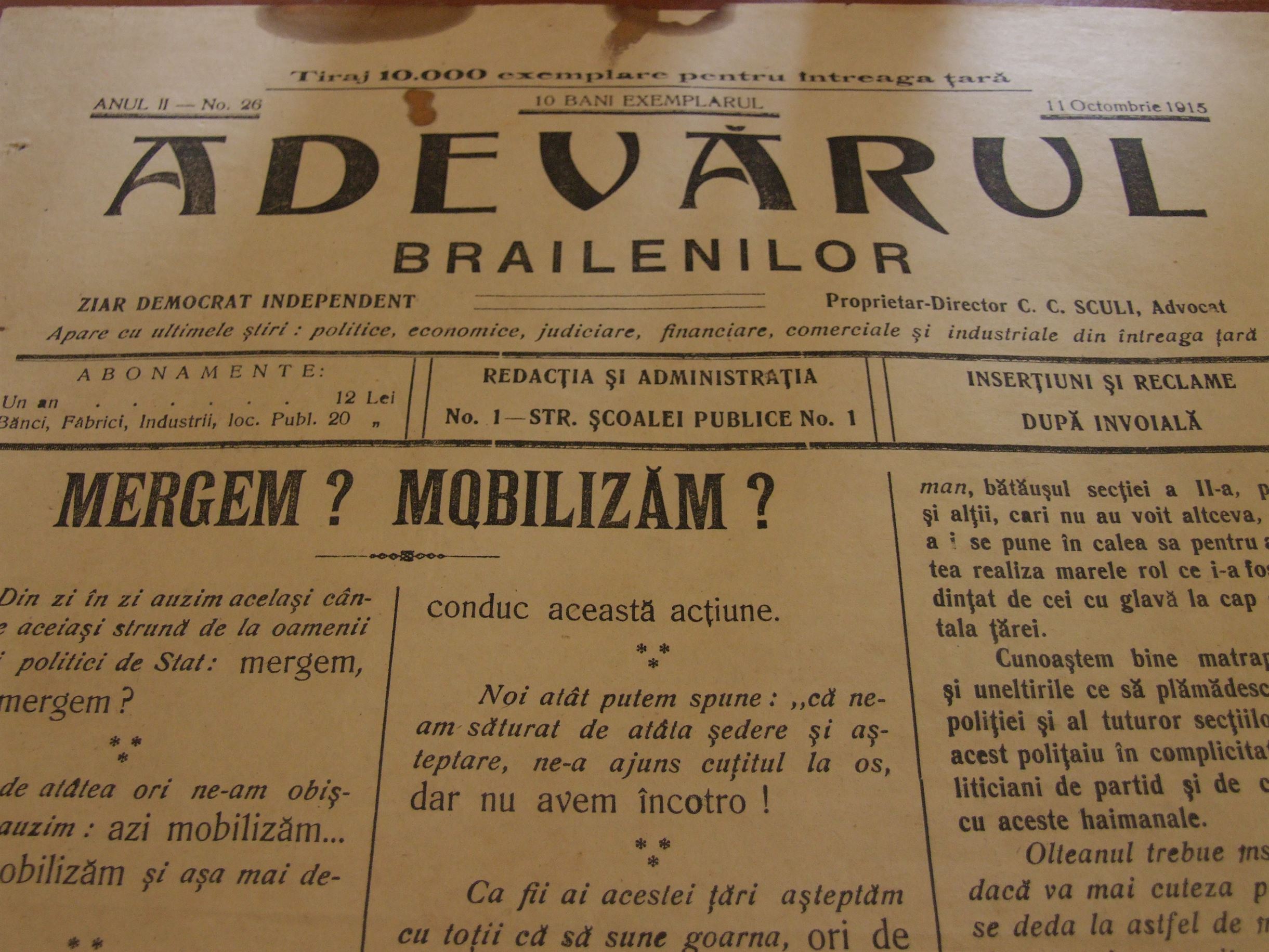 Adevarul brailenilor, 11 oct. 1915